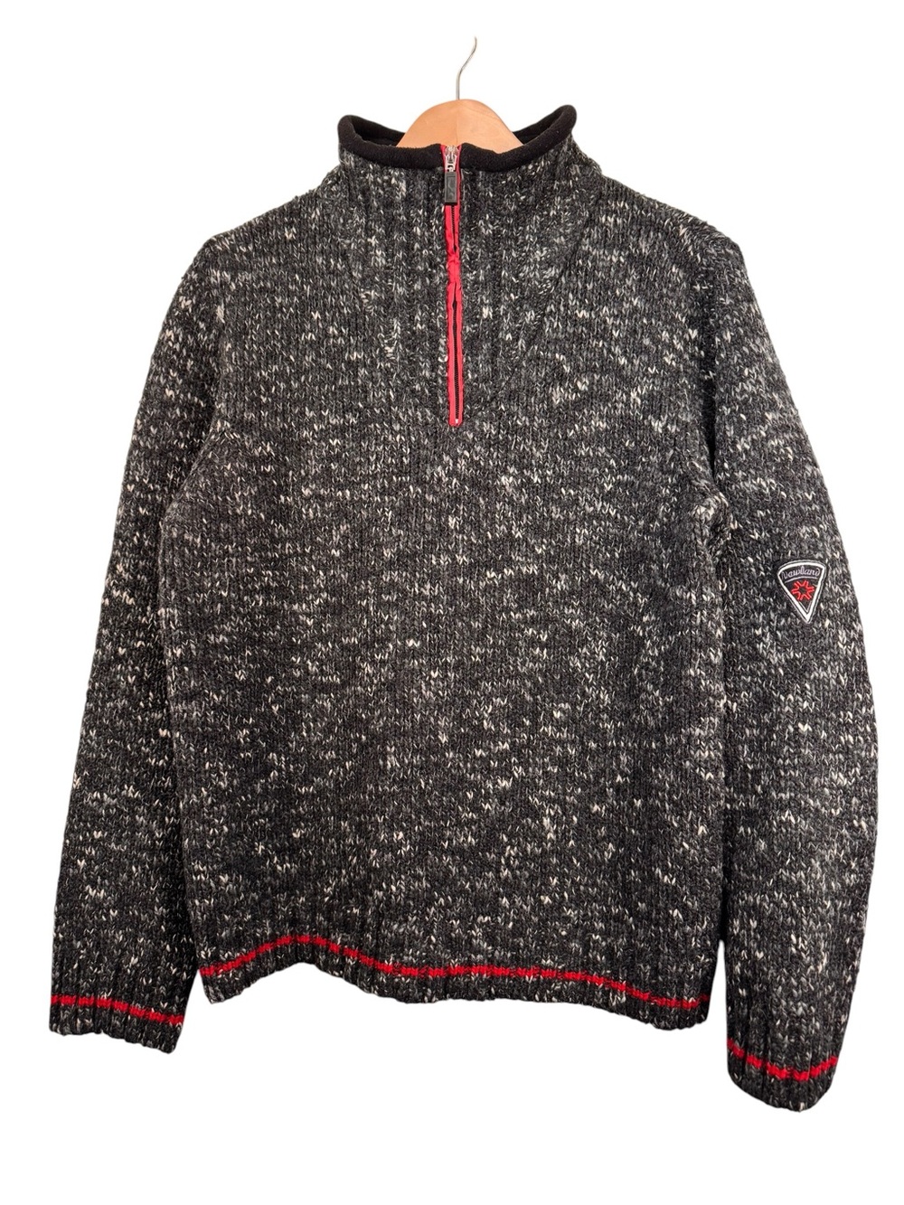 Newland Italy Wool Blend 1/4 Zip Sweater Large Gray Marled Red Stripe Apres Ski